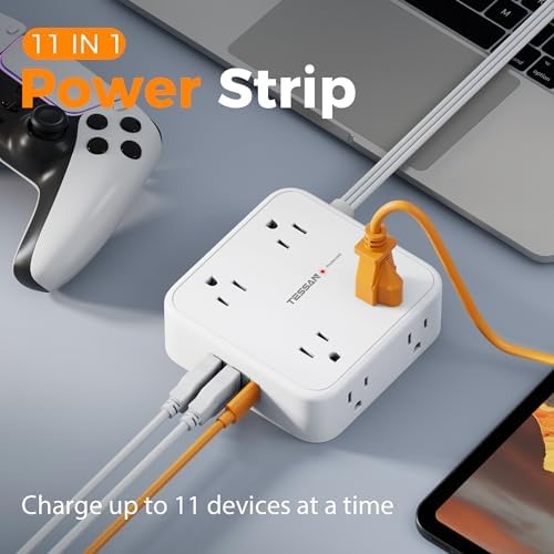 TESSAN Power Strip Tower Surge Protector: 8 AC Outlets & 3 USB Ports (1 USB-C) with 900 Joules Protection, 5 FT Flat Plug Extension Cord – Ultimate Desk Charging Station for Home Office and Dorm Room Efficiency