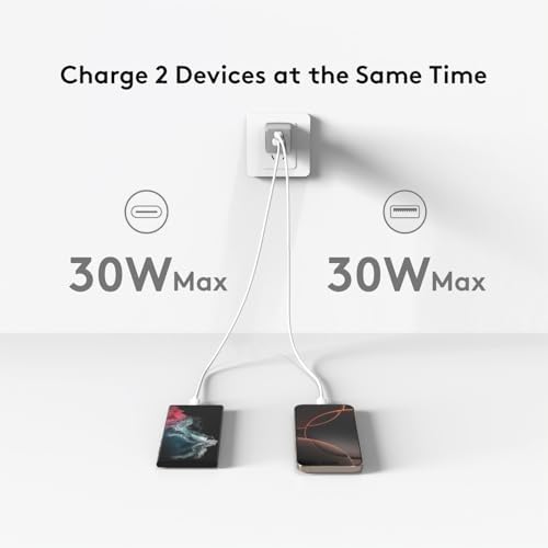 30 W Ga N Dual-Port USB-C Charger – Ultra-Portable Fast Charging Power Adapter for i Phone 12/13/14/15/16, i Pad Pro/Air/Mini, Google Pixel, Samsung Galaxy – Compact Foldable Design for Mobile Professionals and Travelers – Sleek Grey Finish for Modern Tech Aesthetics