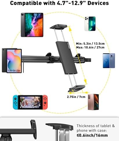 Ultimate Back Seat Tablet Holder for Car – Versatile Headrest Mount for i Pad, Galaxy Tab, Kindle Fire HD, and More (4.7-16.1″) – Perfect Travel Accessory for Kids and Adults with 360-Degree Rotation and Easy Installation