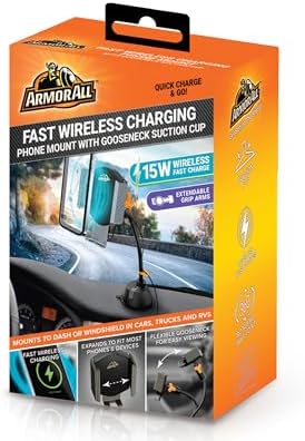 Armor All 15 W Fast Wireless Charging Phone Holder – Adjustable Car Mount with Flexible Gooseneck, Secure Suction Cup, and 360° Viewing – Universal Smartphone Compatibility for Effortless Navigation and Convenience