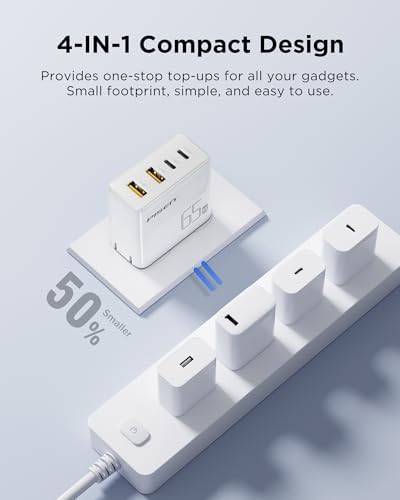 PISEN 65 W Ga N USB-C Fast Charger | 4-Port Compact Wall Adapter with 4 FT Cable | Ultimate Charging Solution for Mac Book Pro, i Pad Pro, Galaxy S23 & i Phone Series | Enhanced Speed, Energy Efficiency & Travel-Friendly Design