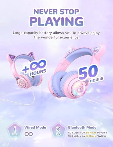 Magical Cat Ear Bluetooth Headphones for Kids – Mesmerizing Gradient Pink with LED Glow, 50-Hour Battery Life, Safe 74/85 d BA Volume Limiting, Superior Bluetooth 5.2 Connectivity & Rapid USB-C Charging for Ultimate Travel Convenience and Enjoyment