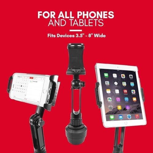 Macally Heavy-Duty Cup Holder Tablet Mount – Versatile i Pad and Tablet Holder for Cars, Trucks & Vehicles – Adjustable Design for 3.5″ to 8″ Devices with Case – 360-Degree Rotation for Optimal Viewing – Effortless Installation for Enhanced Road Safety and Hands-Free Use