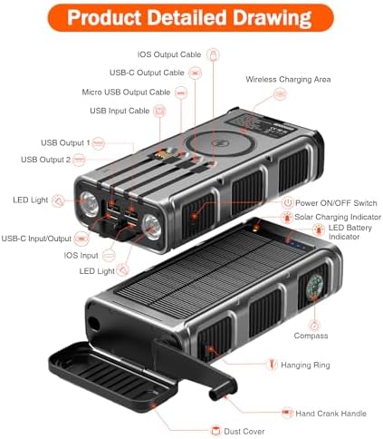 Ultimate 45800 m Ah Solar Wireless Power Bank with Hand Crank & Fast Charging – 7 Outputs, 4 Inputs, SOS Flashlight & Compass for Outdoor Adventures and Emergency Preparedness