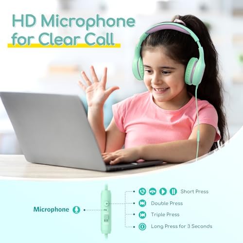 Kid-Friendly Foldable Wired Headphones with Microphone – Volume Limiting Safety (85/94 d B) for Hearing Protection, Share Port for Collaborative Audio, Ideal for Tablets, PCs, and School Use – Enhanced Type C Compatibility for Optimal Sound Quality and Comfort