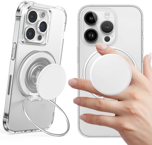 AUROX Magnetic Phone Grip for i Phone 12-16 Series – Transparent White Expandable Holder with Adjustable Kickstand for Secure, Hands-Free Viewing – Ultimate Comfort and Style in Mobile Accessories
