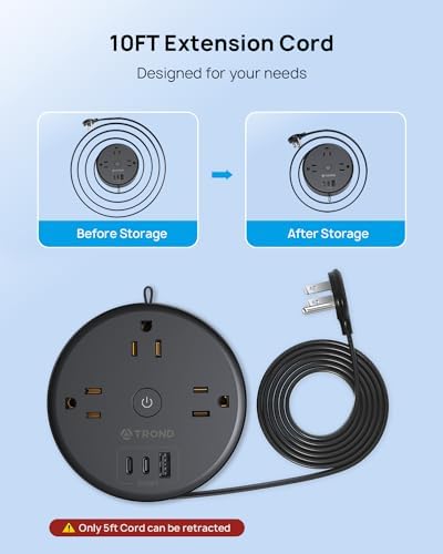 Compact TROND 20 W USB-C Travel Power Strip – Retractable 5 ft Extension Cord with 3 AC Outlets for Fast Charging, Perfect Cruise Ship Essential, Ultra-Thin Flat Plug for Home & Dorm Use – Stay Organized & Connected Anywhere