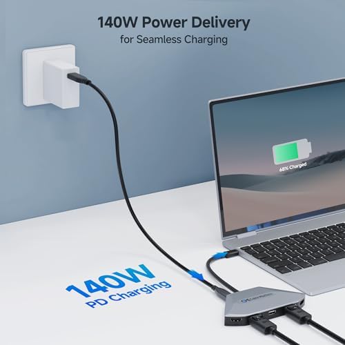 Maximize Your Multitasking Potential with the Cable Matters 4 K Quad Display USB-C MST Adapter – Achieve Stunning 8 K@60 Hz Visuals or Connect Four 4 K@60 Hz Monitors Seamlessly, Thunderbolt 4 Ready for Peak Performance, Plus 140 W Power Delivery for Continuous Efficiency – Ideal for Designers, Gamers, and Business Professionals