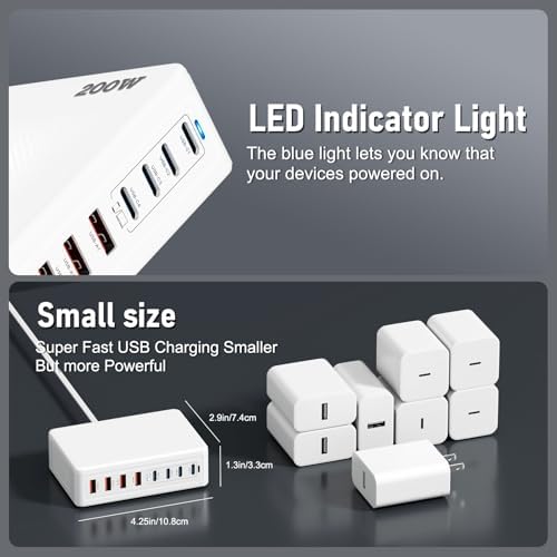 Advanced 200 W Ga N IV USB-C Fast Charging Station – 8-Port Multi-Device Power Hub for Laptops & Smartphones – PD 65 W Mac Book Pro/Air & DELL Charger – Compact, Portable & Efficient Charging Solution for i Phone 16/15/14 & Galaxy S25/24 – Ultimate Power Delivery & Enhanced Compatibility