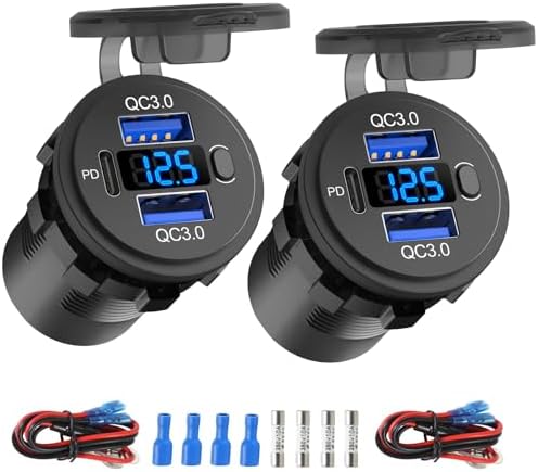 Upgrade Your Vehicle Charging with 2 Pack 12 Volt Dual Quick Charge USB Outlet – Waterproof Socket with PD3.0 and Voltmeter for Efficient Power Management and Enhanced Device Compatibility