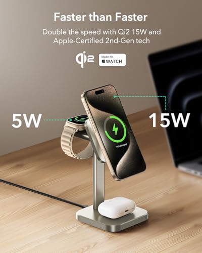 ESR Qi2 3-in-1 Wireless Charging Station – Fast 15 W Mag Safe Charger for i Phone 16/15/14/13, Certified Apple Watch & Air Pods Charger, Sleek White Design for Home or Office – Ultimate Multi-Device Charging Solution with Enhanced Compatibility and Speed