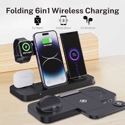 Ultimate 6-in-1 Wireless Charging Dock for i Phone 16/15/14/13, Apple Watch Series, Air Pods Pro – Super-Fast Qi-Certified Charging Station with QC3.0 Adapter for Seamless Device Compatibility and Safety Features – Perfect for Home and Travel Use