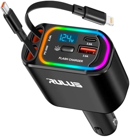 RULUS Premium 4-in-1 Retractable Car Charger – PD 65 W Fast Charging with Dual USB Ports, Integrated Cables, and Real-Time Voltage Display for i Phone 16/15/14, Samsung Galaxy, i Pad & Air Pods – Ultimate Travel Convenience and Compatibility