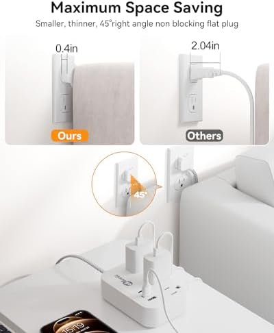 Compact PD 20 W USB C Travel Power Strip with Flat Plug Design, 3 AC Outlets & 3 USB Ports for Rapid Charging – Ideal Cruise Ship Essential & Versatile Charging Station for i Pad Pro, i Phone, Samsung Devices – 3 FT Short Extension Cord for Convenient Use