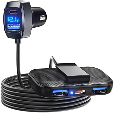 LENCENT 5-Port Type C Car Charger – 31 W Universal Vehicle Charging Hub with Voltage Detection and 5 FT Back Seat Cable – Fast & Safe Charging for i Phone, Samsung, i Pad, and More – Ultimate Travel Companion for On-the-Go Connectivity