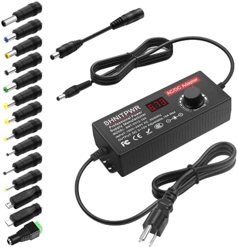 SHNITPWR 120 W Adjustable AC to DC Power Supply – 10 A Universal Voltage Adapter with 14 Interchangeable Tips for Enhanced Device Compatibility (4 V to 12 V) – Optimal Power Solution for Electronics, DIY Projects, and Gadgets