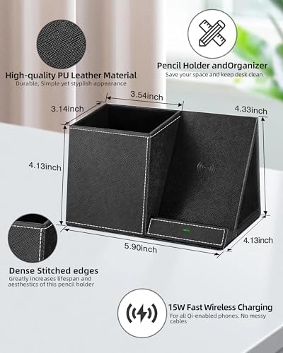 Multi-Functional Desk Organizer with Wireless Charging, Digital Thermometer & Humidity Monitor – Stylish Brown Pen Holder for Home Office Efficiency and Clutter-Free Workspace