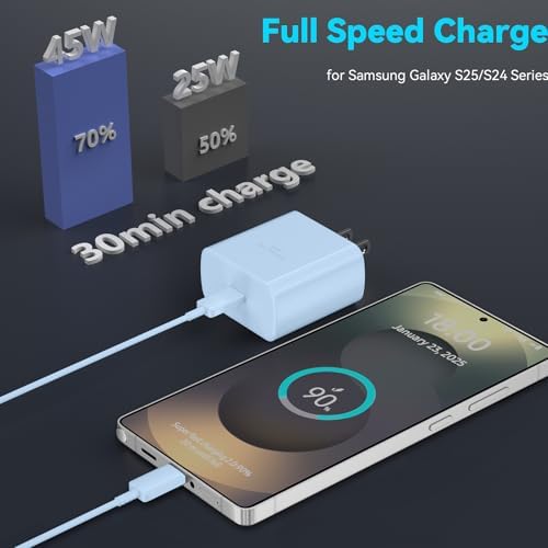 45 W Super Fast USB-C Charger with 6.6 ft Cable – Ultra-Fast Charging Adapter for Samsung Galaxy S24/S23/S22/S21/Note 20 – Stylish Deep Purple & Blue Design for Enhanced Device Performance and Safety