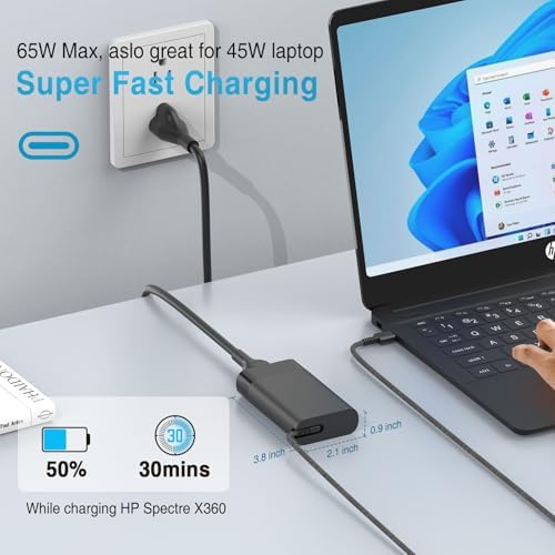 Premium 65 W USB-C Laptop Charger for HP Spectre, Envy & Elite Series – Ultra-Slim AC Adapter with 10 FT Braided Cable, Rapid Charge Technology, Enhanced Battery Longevity & Comprehensive Safety Features – Original Quality with 12-Month Warranty