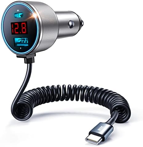 75 W Metal 3-Port USB C Car Charger with Built-in 6 ft Coiled Cable – Super Fast PD & QC3.0 Charging for Samsung Galaxy S22/21, i Phone, i Pad Pro, Pixel, and Android Devices – Universal Compatibility and Enhanced Safety Features for On-the-Go Power