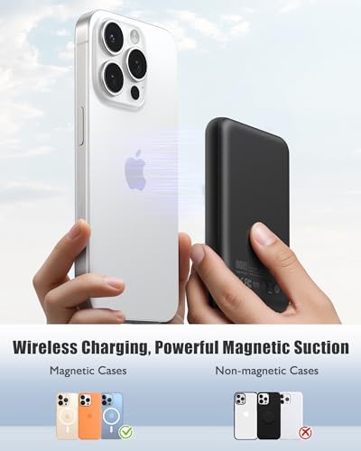 Ultra-Slim 10,000 m Ah Mag Safe Power Bank – 15 W Magnetic Wireless Charger with PD 20 W Fast Charging for i Phone 12-16 Series – Compact Beige Design for Effortless Portability & Simultaneous Dual Device Charging – Includes 22.5 W USB-C Cable for Quick Top-Ups and Hassle-Free Use