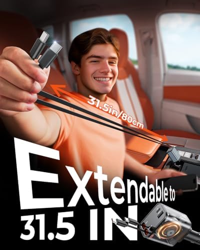 Upgraded MRGLAS Retractable 69 W USB C Car Charger with Dual Type C Cables – 4-in-1 Fast Charging Solution for i Phone 16/15, i Pad, Samsung Galaxy, and Pixel – Compact, Portable, and Compatible Car Accessory for Effortless Power on the Go