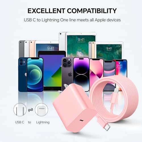 Ultra-Fast USB C Charger Block Set – 4 Pack 20 W PD Wall Charger with 6/10 FT MFi Certified USB-C to Lightning Cables for i Phone 14/13/12/11 Pro/Pro Max/Plus/XS/XR/X/SE/8 – Elegant Pink Design for Home & Travel Convenience