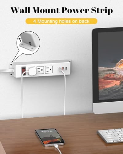 Kungfuking Wall-Mountable Power Strip with USB Ports – 6.56 FT Surge Protector Extension Cord Featuring 2 AC Outlets and Flat Plug Design for Enhanced Charging Flexibility and Device Safety