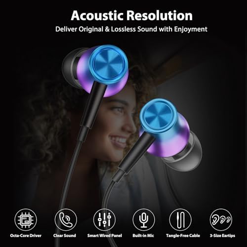Jiunai Gradient Purple Wired Earbuds – High-Fidelity 3.5 mm Noise-Isolating In-Ear Headphones with Built-In Microphone, Volume Control & Tangle-Free Magnetic Design – Tailored for i Phone & Android Users – Ultimate Choice for Daily Commutes, Travel, and Academic Life