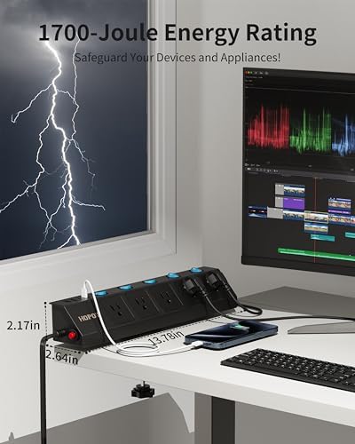 Maximize Your Workspace Efficiency with the 10 FT Desk Clamp Power Strip – 5-Outlet Surge Protector Featuring Individual Switches and Dual USB-C Ports (20 W PD) for Rapid Charging, Ideal for Home Office and Professional Use – Versatile Wall Mount and 1.7″ Tabletop Compatibility in Sleek Black Design