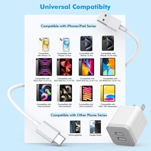 Ultra-Fast i Phone Dual Port Charger Set – 6 FT Lightning Cable & Compact Wall Plug Adapter for i Phone 14, 13, 12, 11 Pro Max, XS, X, 8, 7 Plus, SE & i Pad – Quick Charge Technology for Seamless Power on the Go