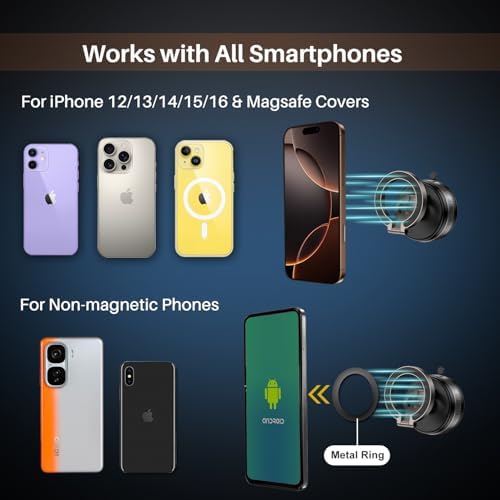 360° Rotation Vacuum Magnetic Phone Holder for Car, Strong Magnetic Suction Cup Phone Mount, Dual-Axis Adjustable Arm Phone Stand for iPhones 12-16 Series & All Smartphones – Enhanced Compatibility and Speed