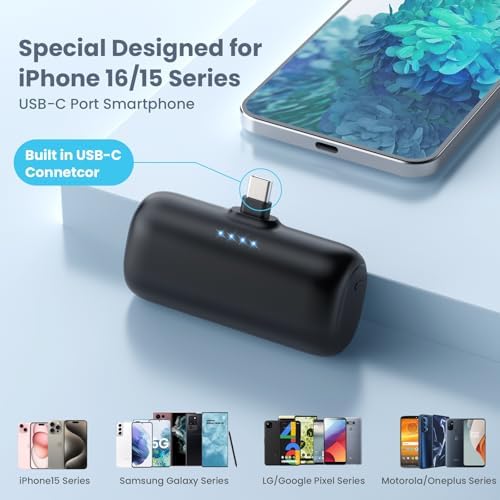 Ultra-Compact 5200 m Ah USB C Power Bank – Fast Charging Mini Portable Charger for i Phone 16/16 Plus/15/15 Plus/15 Pro Max, Galaxy S25/S24, i Pad, and Android Devices – Essential Power Solution for On-the-Go Charging