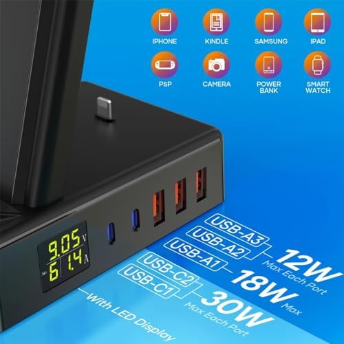 Ultimate 8-in-1 Wireless Charging Hub – 100 W Multi-Device USB Charger with PD 30 W & QC 3.0 Fast Charging, Digital Display, Compatible with i Phone, i Watch, Air Pods Pro, Smartphones, Tablets, Headphones & Game Controllers – Compact & Efficient Power Solution in Sleek Black for Home or Office Use
