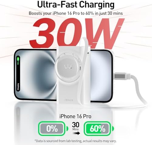Ultimate i WALK 10000 m Ah Power Bank – 30 W Fast Charging USB-C Portable Charger with Integrated 2.3 ft Retractable Cable, Triple Output Ports for i Phone 16/15, Samsung Galaxy S25/24, and i Pad – Compact, Durable, and Travel-Ready Charging Solution