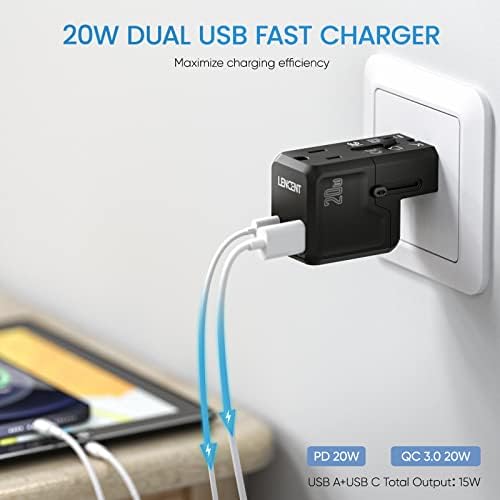 LENCENT Global Travel Power Adapter – Compact High-Speed PD 20 W & QC 3.0 Universal Charger for Seamless International Use – Lightweight Outlet Converter for US, UK, EU, Japan & More – Essential Fast Charging Solution for World Travelers