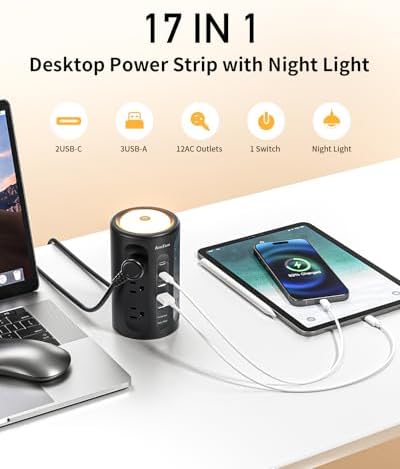Smart Power Strip Tower with Integrated Night Light & Surge Protection – 10 FT Extension Cord Featuring 12 AC Outlets, 3 USB-A and 2 USB-C Ports for Home Office & Dorm Room Convenience – Sleek Black Design for Enhanced Versatility and Clutter-Free Organization