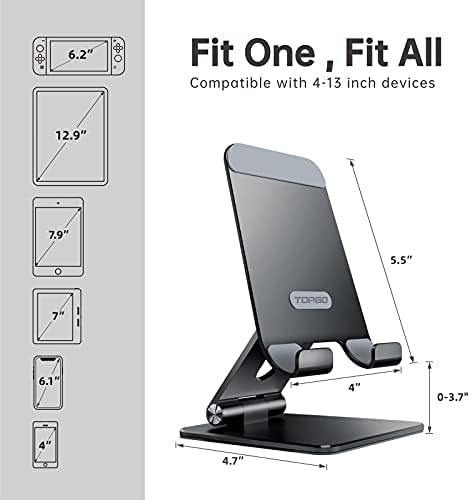 TOPGO Adjustable Cell Phone Stand, [Fully Foldable & Wide Compatibility] Desktop Stand Holder with Charging Port for iPhone, iPad, Kindle, Tablets, Switch – Silver – Enhanced Compatibility and Speed