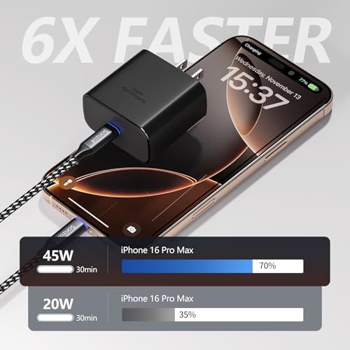 Revamp Your Power Routine with the i Phone 16 Pro Max Fast Charging Duo – 45 W USB-C Charger Blocks & 6.6 FT Type-C Cables for Ultra-Fast Power Delivery, Perfect for i Phone 16 Series & i Pad Pro Use – Essential for Home, Office, and Travel Efficiency