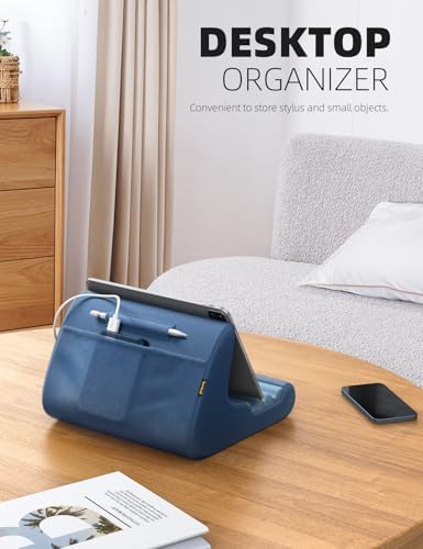 Lamicall Adjustable Tablet Pillow Holder – Soft Memory Foam Stand for Comfortable Bed or Lap Use, Featuring Integrated Stylus Mount and Accessory Pocket, Compatible with 4-13″ Devices Including i Pad Pro 12.9, Air, Mini, Kindle, and Galaxy Tab – Stylish Dark Red Design for Enhanced Viewing Experience and Improved Posture