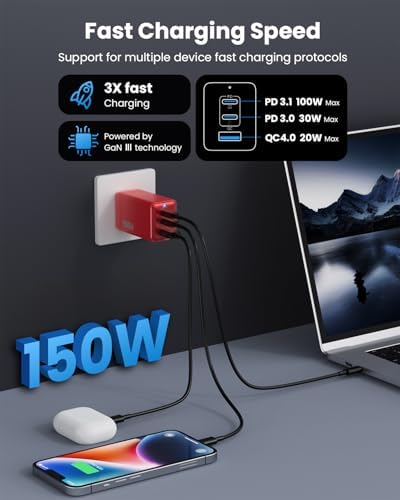 Ultimate 150 W USB-C Charging Hub – Compact Multi-Device Power Adapter with 3 Fast-Charging Ports for Mac Book Pro, i Phone 16, Galaxy S24, and Dell Laptops – Enhanced Efficiency with Ga N Technology for Professionals on the Go
