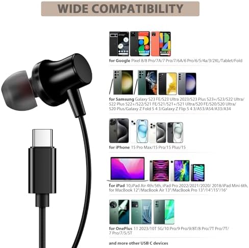 Hi-Fi USB C Earphones with Microphone for Samsung Galaxy S25 Ultra & i Phone 16 – Premium Wired In-Ear Headphones for Enhanced Sound Quality and Compatibility Across Devices, Ideal for Music Lovers and Professionals