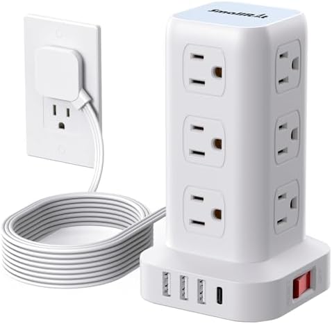 Revolutionize Your Workspace with the Ultra-Thin Surge Protector Power Strip Tower – 10 FT Flat Plug Extension Cord and 1 USB-C Port for Fast Charging, 1020 Joules of Device Protection, Perfect Desk Charging Station for Office and Dorm Room Essentials