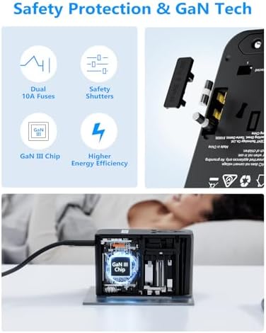 LENCENT 70 W Universal Travel Adapter – High-Efficiency Ga N Fast Charger with Triple PD3.0 Type-C Ports & Dual QC USB-A Outlets for Global Power Needs – Compact Power Converter Compatible with EU, USA, UK, AU Devices – Perfect for Laptops, Phones & Tablets on the Go