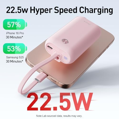 i WALK Ultra-Slim 10,000 m Ah Power Bank with Built-In Cable – Lightning-Fast 22.5 W USB-C Charging for i Phone 16/16 Pro/15, Samsung & Google – Travel-Friendly Pink Mini Portable Charger for On-the-Go Connectivity
