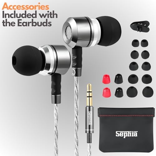 Sephia SP3060 Wired Earbuds – Premium HD Bass Sound, Lightweight Aluminum Design, Customizable Fit with S/M/L Tips, Noise Isolation, Tangle-Free 3.5 mm Cable & Protective Case – Ideal for Music Lovers and On-the-Go Listening