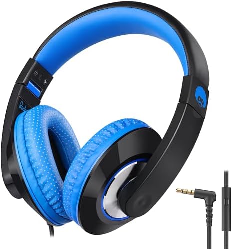 Rockpapa Kids Over-Ear Headphones – Lightweight Wired Audio Gear for School, Travel, and Home – Stylish White and Blue Design for Boys and Girls – Immersive Sound Quality with Adjustable Comfort and Durable Build for Young Audiophiles