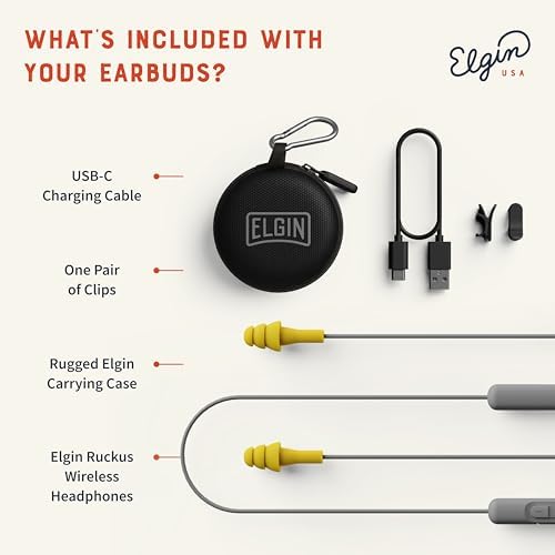 Elgin Ruckus OSHA Compliant Wireless Bluetooth Earplug Headphones – Advanced Noise Cancelling Earbuds with 25 d B Hearing Protection, 12-Hour Battery Life, and IP65 Sweatproof Design for Professionals – Superior Audio Clarity and Communication for Workplace Safety and Outdoor Adventures