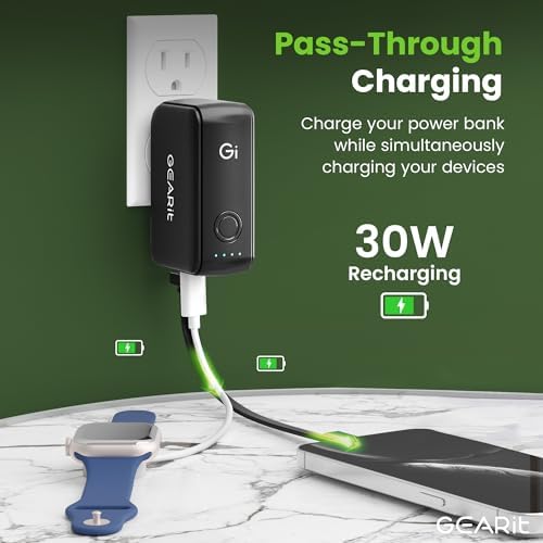 GEARit 3-in-1 Ga N Portable Charger: 5,000 m Ah Power Bank with Integrated USB-C Cable & Foldable AC Plug for Effortless Travel Charging – 33 W Rapid Power Delivery for All Devices