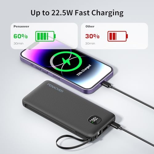 Ultra-Slim 10000 m Ah Fast Charging Power Bank with Built-In Cables & AC Plug – Versatile 5 Output USB-C Portable Charger for i Phones, Samsung, Android & More – Perfect for Travel & On-the-Go Power Solutions